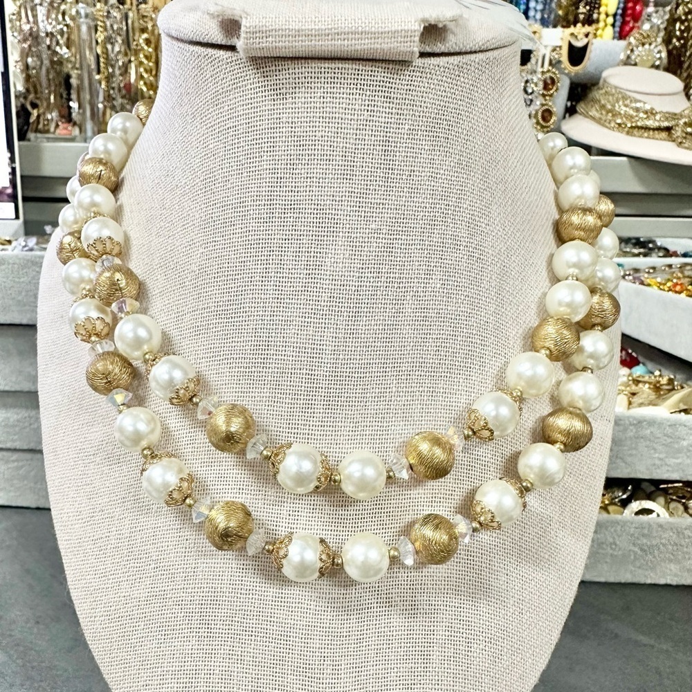 Vintage Lisner Double Faux Pearl Crystal Necklace And Gold Beaded Statement
